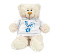 Caravaan, Supersoft, Cuddly Cream Bear With Blue It&#39;s A Boy! On Trendy White Hoodie Size 38cm Ideal For Celebration, Baby Birth Boys Parties Soft And Cuddly