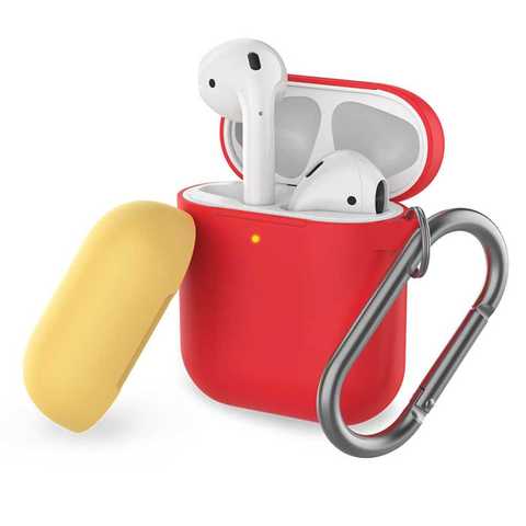 AhaStyle - Apple Airpods Case, Premium Silicone Ultra Thin Two Toned Design Duo Cover Case with Aluminum Carabiner included for Apple Airpods, Durable and Impact Absorbent Silicone - Red/Yellow