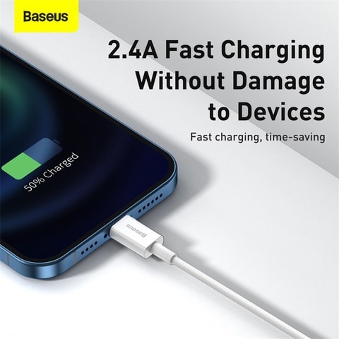 Baseus Superior Series USB to Lightning-Fast Charging Cable Data Transfer 2.4A for iPhone 13 12 11 Pro Max Mini XS X 8 7 6 5 SE iPad and More (1M) White