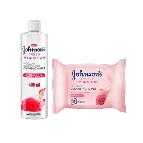 Buy Johnsons Fresh Hydration Micellar Rose-Infused Cleansing Water Clear 400ml And Fresh Hydration Micellar Cleansing Wipes White 25 count in UAE