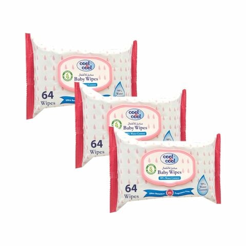 Cool &amp; Cool 99 Percent Water Content Baby Wipes White 64 Wipes Pack of 3