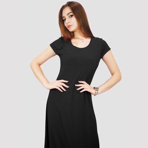 KIDWALA Size XXL, Women&#39;S Plain Black Long Ladies Dress, Short Sleeves, Full Length Dress With Round Neck, Simple Dress
