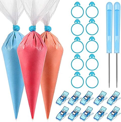 Generic 122 Pieces Cookie Decoration Tools, 100 Pcs Piping Pastry Bag, 10 Pieces Pastry Bag Ties, 10 Pieces Pastry Bag Clips And 2 Pieces Plastic Awls, For Valentine Cookie Cake Decoration (Blue)