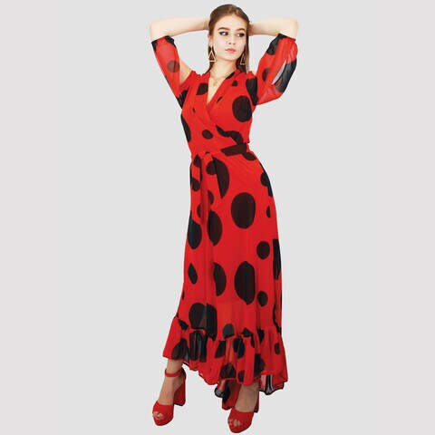 KIDWALA Size 42, Women&#39;S Wrap Long Polka Dots Print Ladies Red &amp; Black Dress, Lantern Sleeves, Bottom Ruffled Design, Belted Maxi Wrap Dress, Surplice Neckline Night Dress