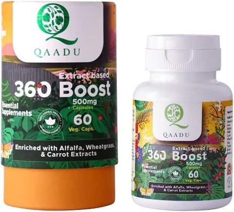 Qaadu 360 Boost Multivitamin Capsules For Men &amp; Women, Ayurvedic Health Supplement With Ashwagandha, Triphala, Brahmi, Giloy, 60 Vegan Capsules