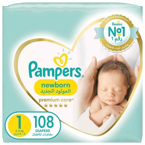Pampers Premium Care Taped Diapers, Size 1, 2-5kg, Mega Pack, 108 Diapers&nbsp;