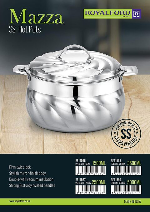 Royalford 1500ml Mazza Stainless Steel Hotpot- Rf11566 Food-Grade Hot And Cold Hotpot With Double Wall Vacuum Insulation, Elegant And Unique Design, Silver