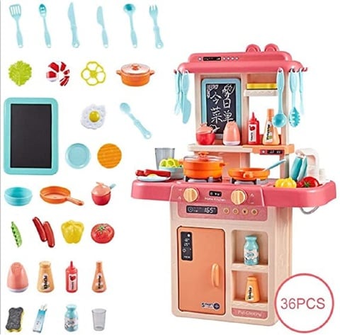 Pretend Play Kitchen Set With Lights And Sounds For Kids, With 36, Pc Cookware Accessory Set, Including Cooking Sound, Vegetables, Steamed Egg Pink