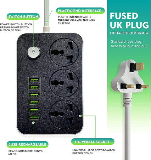 Sky-Touch 3 Outlet Power Strips 6 Surge Protection USB Ports Power Outlet Switch Portable Charger With 200cm Power Extension Cord