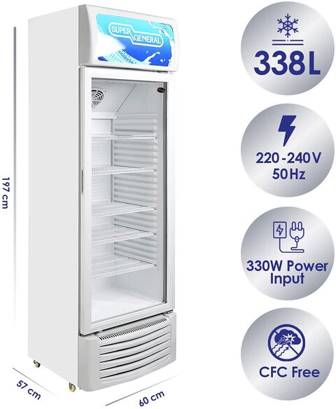 Super General 450 Liter Gross Single-Door Chiller, Upright Beverage-Showcase, Energy-Saving, Low-Noise, White, Sgsc-455-N, 66 X 57 X 210 Cm, 1 Year Warranty