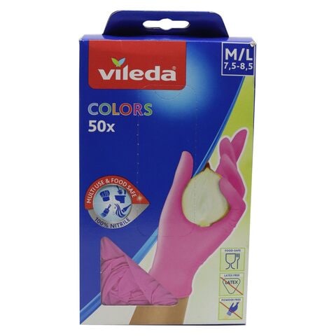 Buy Vileda Colour Nitrile Disposable Gloves Pink Medium / Large 50 PCS  Online - Shop Home & Garden on Carrefour UAE