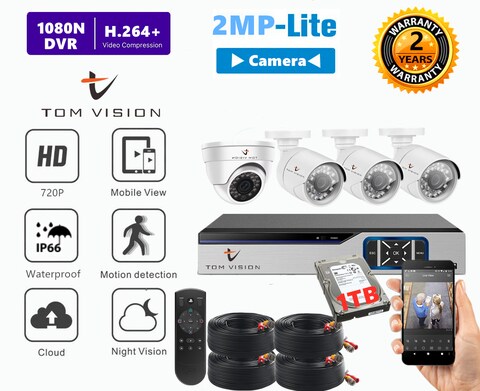 Tomvision - 4Channel AHD Camera KIT with 1TB Hard Disk 2MP/720P CCTV Security Recording System Kit 3Pcs Outdoor Bullet 1Pc Indoor Camera and P2P Cloud Alarm System Home Security (4Channel(1TB), 1Indoor&amp;3Outdoor)