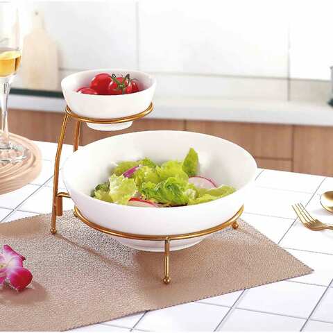 Bone China Shallow 8/12 2 Tier Rectangle Serving Set with Gold