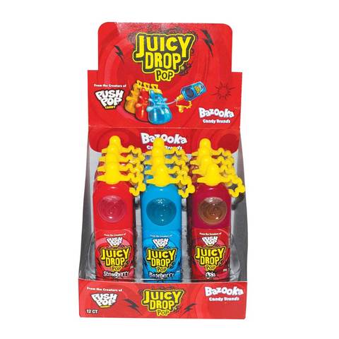 Bazooka Juicy Drop Pop Strawberry Raspberry And Cola Flavored Candies 26g Pack of 12