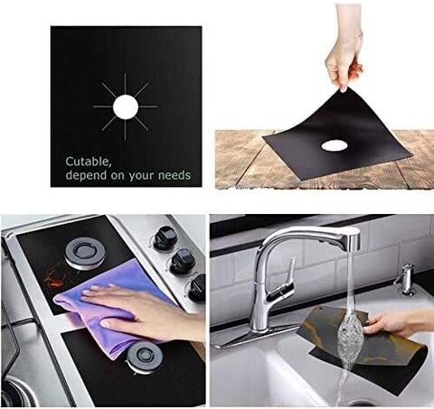 4pcs Gas Stove Burner Covers (27cms *27 cms) and 2pcs Silicone Stove Counter Gap Cover (Black, 21in), Non-Stick Gas Range Protectors Reusable Aluminum Foil Cover Liner Mat Pad - Dishwasher Safe, Black