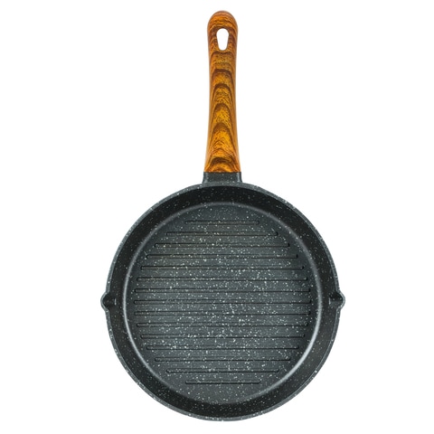 Royalford Round Grill Pan, Granite Coated Die-Cast Aluminium, Rf10765, 2 Pouring Spouts, 24cm Non-Stick Cookware Fry Pan, Strong Wood-Finish Bakelite Handle, 4Mm Thickness