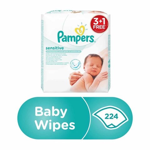 Pampers Sensitive Baby Wipes, 56 Wipes - Pack of 3+1 Free