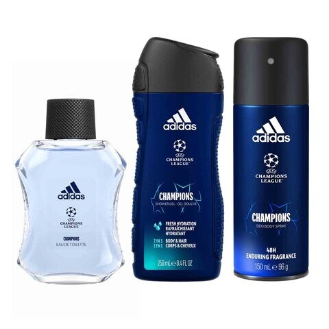 Buy Adidas UEFA VIII Champions League Body Spray 150ml And Eau De Toilette 100ml With Shower Gel Body Gift Set Blue 250ml in UAE