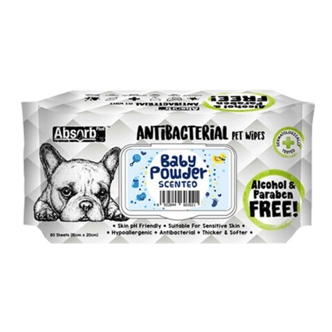 Buy Absolute Pet Absorb Plus Antibacterial Pet Wipes Baby Powder 80 Sheets in UAE