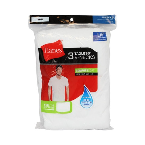 Hanes Men T-Shirt V-Neck White L Size 3Pcs Online | Carrefour Qatar