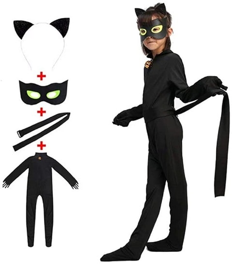 Kid&rsquo;s Beetle Costume Ladybug Black Cat Noir Boy or Girl Cosplay Outfit Clothing with Wig Jumpsuit Halloween Party Masquerade with 3pcs/Set Jewellery (XS 3-4Y, Black Cat Noir)