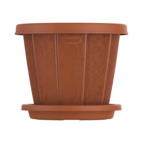 Cosmoplast Woodgrain Flower Pot With Tray Brown 6inch