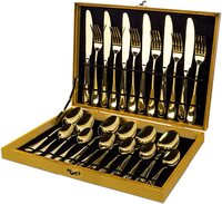 U-Hoome Flatware Set By U-Hoome, 24 Piece Silverware Dinnerware Service For 6, Kitchen Utensil With Knife, Fork, Spoon, Teaspoon, Use Home, Wooden Gift Box-Golden