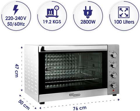 Super General 100 Liter Stainless Steel Electric Oven, Rotisserie-Grill, Convection-Oven, Thermostat, Timer, SGEO-101-TRC, Black/Silver, 76 X 50 X 47 cm, 1 Year Warranty