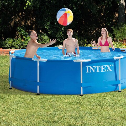 Intex 10 Foot x 30 Inch Round Metal Frame Backyard Above Ground Swimming Pool