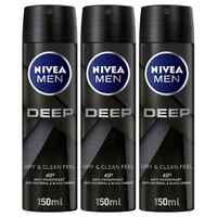 NIVEA MEN Antiperspirant Spray for Men DEEP Black Carbon 150ml Pack of 3