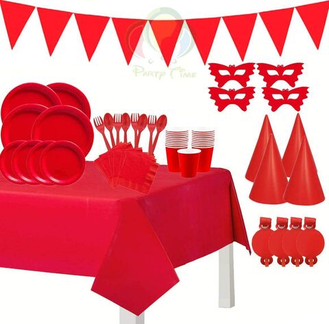 Party Time 110pcs Red Party Supplies Disposable Paper Dinnerware Set Serves 12 guest Paper Plates Napkins Cups Spoon &amp; Fork Hats Banner Table Cover Party Sets for Wedding Birthday Baby Shower