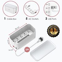 Pegant 2-in-1 Power Extension Cord And Cable Management Box, 5 Universal Outlets 3 USB 2M Cable Power Strip