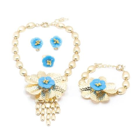 Tanos - Fashion Gold Plated Set (Necklace/Earring/Ring/Bracelet) Flower Design  Blue Flower Petals