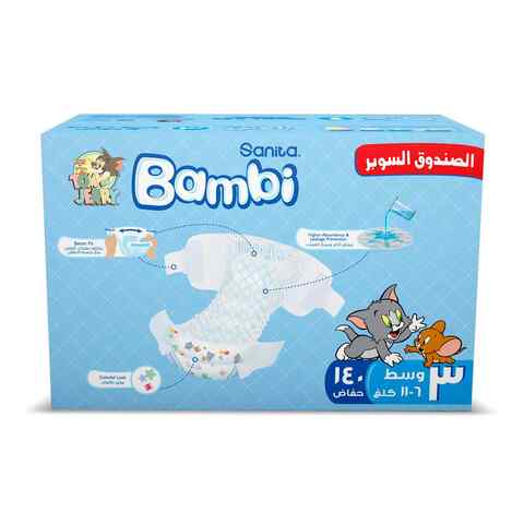 Sanita Bambi Baby Diapers Size 3 Medium 6-11kg White Super Pack of 140