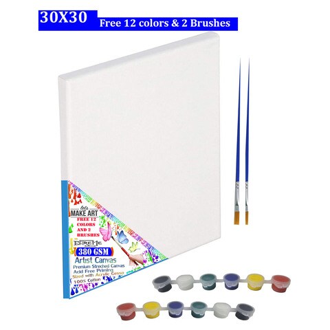 Lets Make Art Extreme Premium Stretched Artist Canvas 380GSM With Colours 12 And Brushe