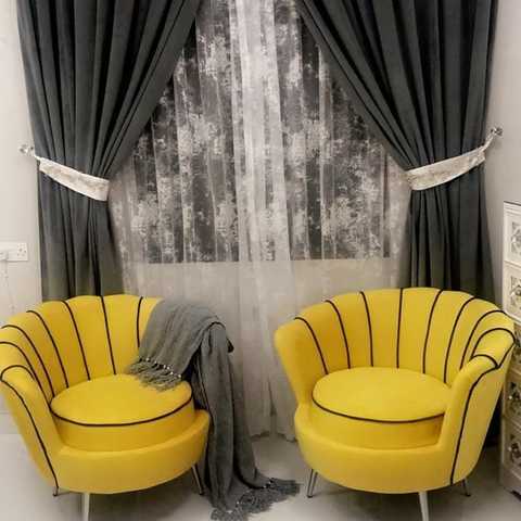 Pair of two classcial flower chair yellow color black stips silver legs