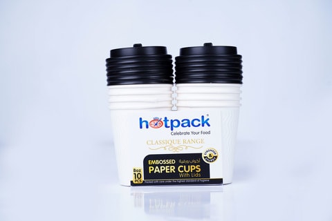 Hotpack - White Embossed Paper Cups +Lid 8 Oz 10 Pcs