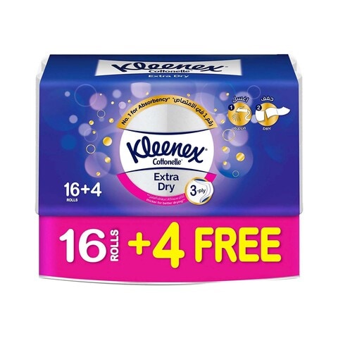 Kleenex Extra Dry Toilet Tissue Paper, 3 PLY, 20 Rolls x 160 Sheets, Embossed Bathroom Tissue with Superior Absorbency