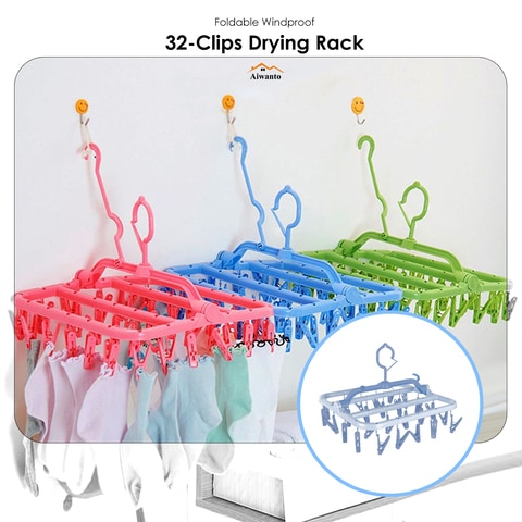 Aiwanto 32 Clips Drying Rack Clothes Drying Hanger Foldable Clip and Drip Hanger Clothes Hanger  (Blue)