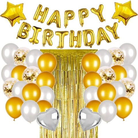 Buy Party Time 49 Pieces White And Gold Birthday Party Decorations Set With Happy Birthday Balloons Banner Confetti Balloons Foil Fringe Curtain For Birthday Party Supplies Online Shop Stationery School Supplies