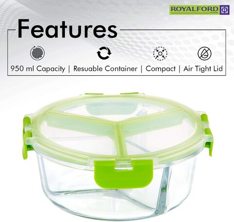 Glass Meal Prep Containers 3 Compartment (950 ML) - Glass Lunch