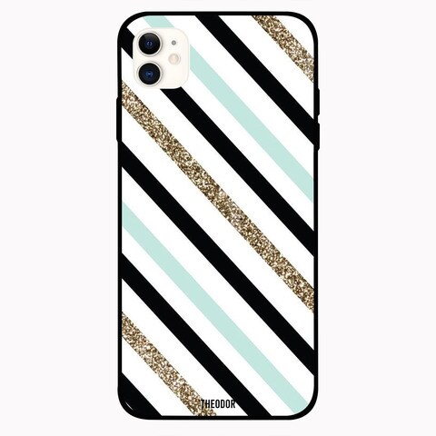 Theodor Apple iPhone 12 Mini 5.4 inch Case Black Golden Gliter Lines Flexible Silicone