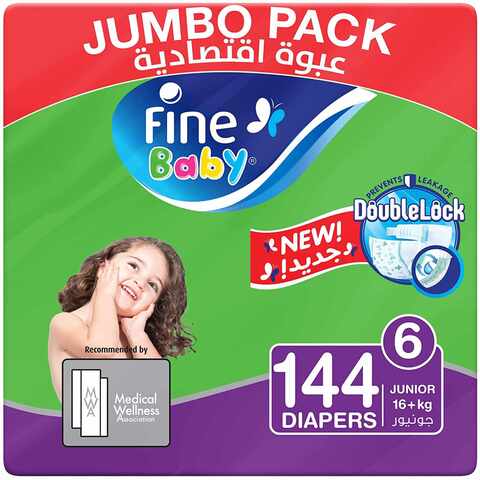 Fine Baby Diapers, DoubleLock Technology, Size 6, Junior 16+ kg, Mega Pack, Value Bundle, 36 Diapers x4 Packs, Total 144 Diapers