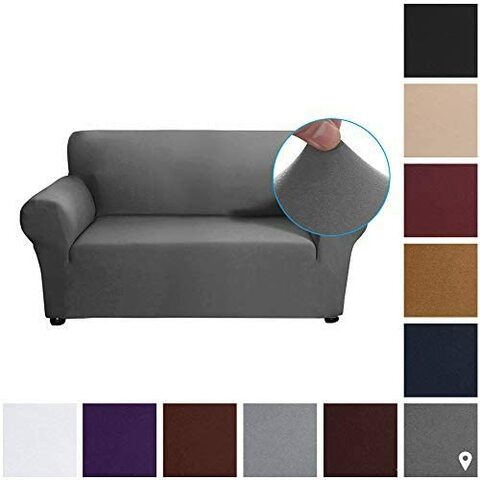 Goolsky Stretch Sofa Slipcover Milk Silk Fabric Anti-Slip Soft Couch Sofa Cover 2 Seater Washable For Living Room Kids Pets（Dark Gray）