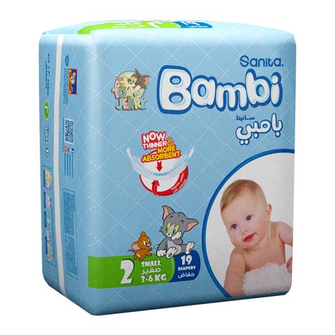 Sanita Bambi Baby Diapers Regular Pack, Size 2, Small,  3-6  Kg, 19 Count