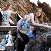 Biggdesign Anemoss Jute Bag For Women, Beach and Pool Jute Drawstring Bucket Bag for Summer, Lightweight and Natural Crossbody Jute Shoulder Bag with Front Pocket, Blue
