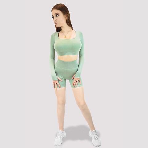 Kidwala 2 Pieces Balance Green Stretchable Set - High Cropped Waist Cycling Shorts, Long Sleeves with Thumb holes, Round neck Top, Ribbed
 waistband, Workout Gym Yoga Outfit for Women, Large size set