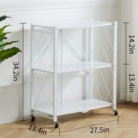 3-Tier Foldable Storage Shelves, Stand Folding Metal Shelf with Caster Wheels for Garage Kitchen Home Closet Office, No Assembly Needed - White