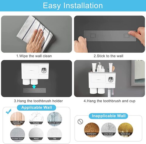 SKY-TOUCH 2 Cups Wall Mounted Toothbrush Holder, Multipurpose Space-Saving Toothbrush and Toothpaste Holder with Drawer for Cosmetics Organizer for Washroom and Bathroom