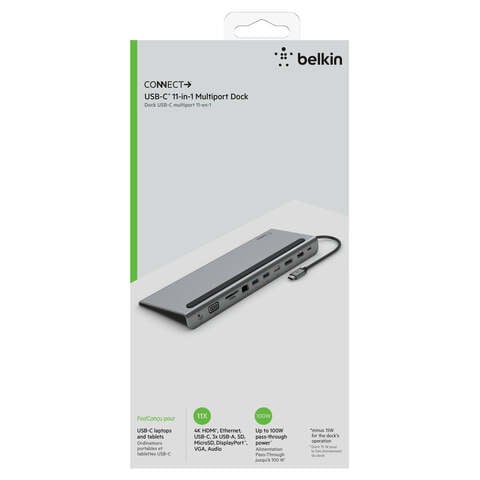 BELKIN Connect USB-C 11-in-1 Multiport Dock - Aux, VGA, Micro/SD Slots, Ethernet, 2x USB-A 3.0, USB-A 2.0, DP, HDMI 4K, Type-C Ports - Gray